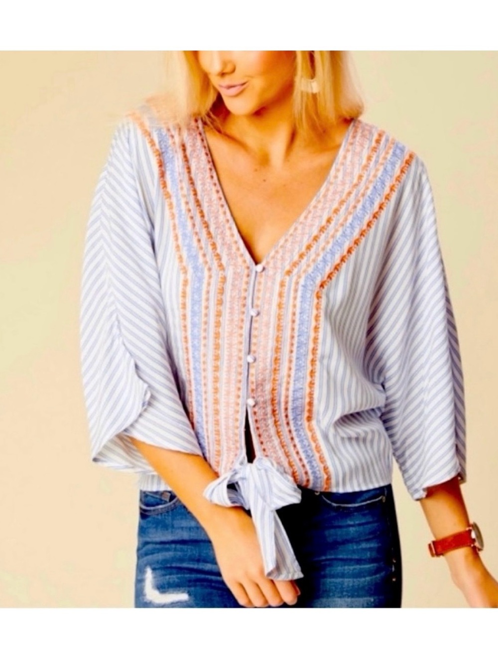 Altar'd State Blue and Orange Striped Embroidered Blouse
